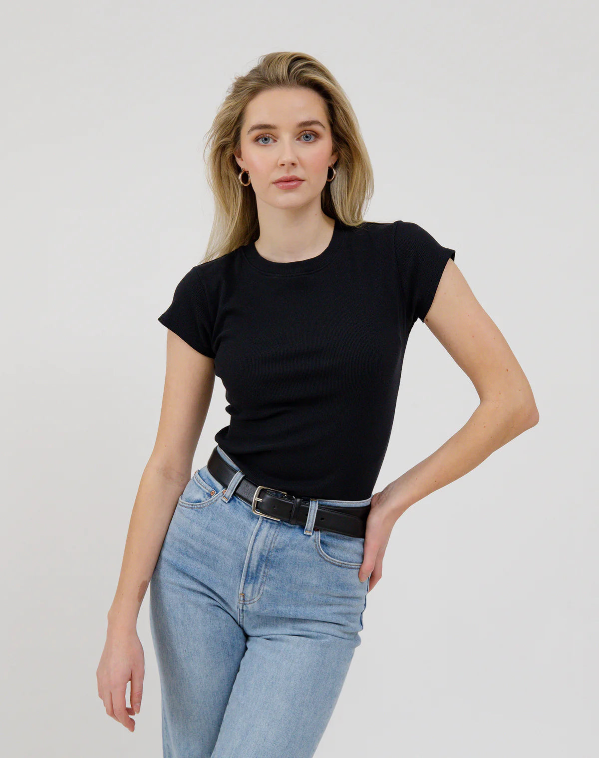 Ribbed Fitted T-Shirt w/ Cap Sleeves