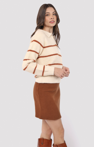 Tova Eyelash Yarn Collared Striped Sweater